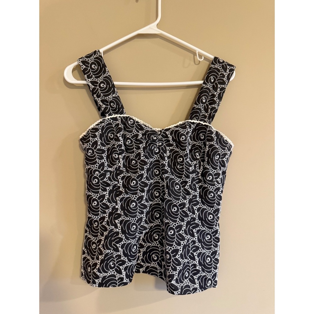Harolds Womens Floral Rose Tank Top Black White Lace‎ Trim Size 4 Vintage